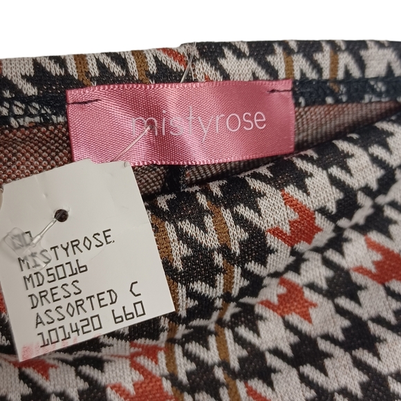 MISTYROSE Houndstooth Plaid Print Orange Black Cream Retro Sheath Dress L NWT - Picture 2 of 9